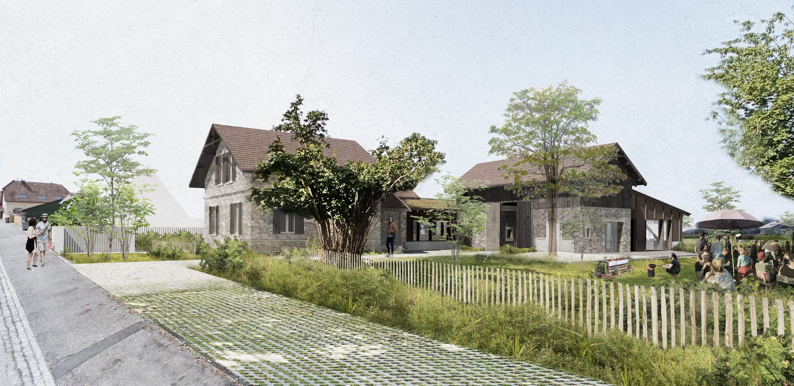 Restructuration et extension de l'ancienne maison forestière de Hombourg en restaurant - Vue depuis la rue (c)BUOB Architecte